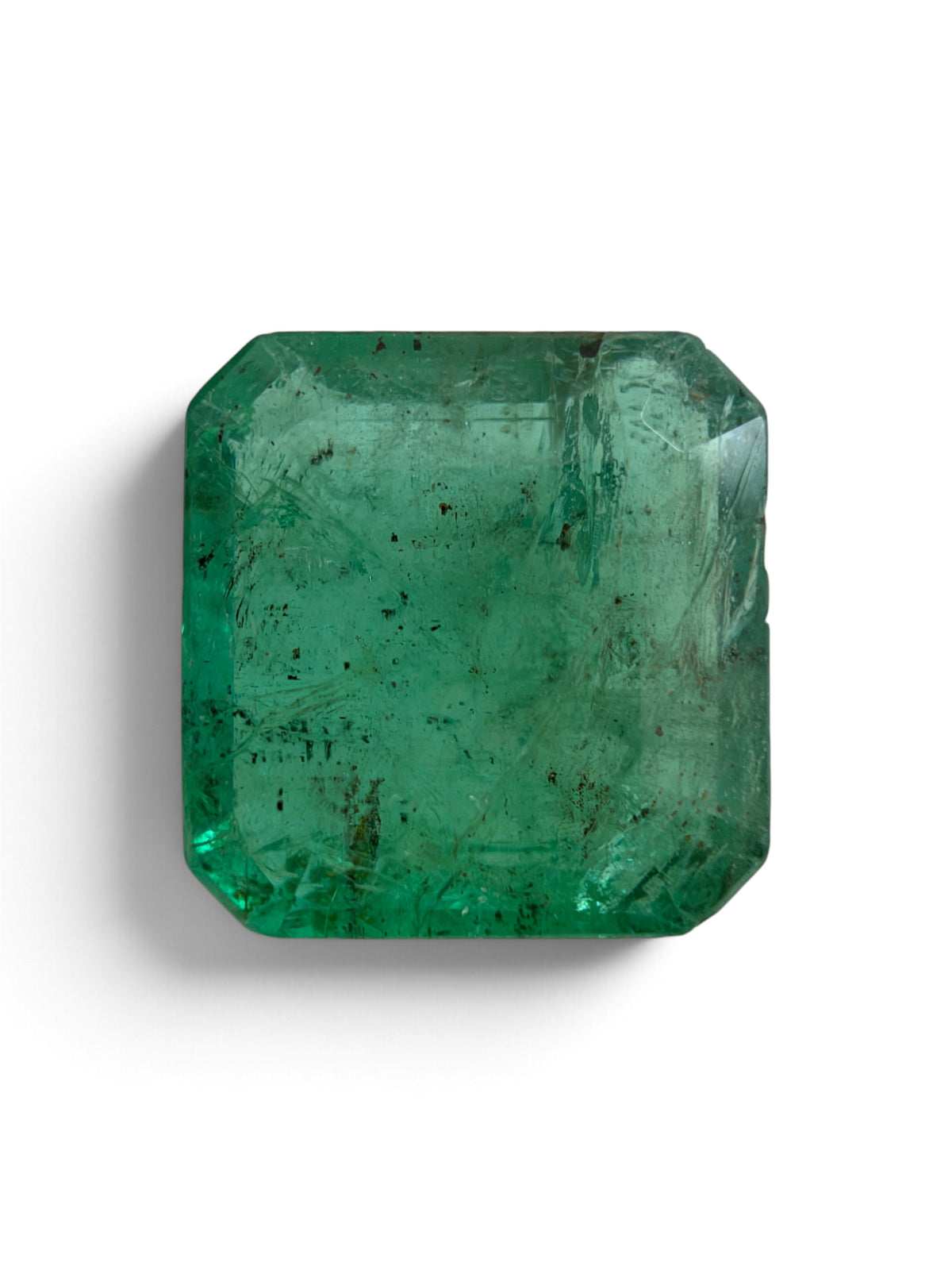 3.78 carat 9.5×9.2 mm Medium Moss Freckled Green Earth-Mined Loose Zambian Emerald- Asscher Cut