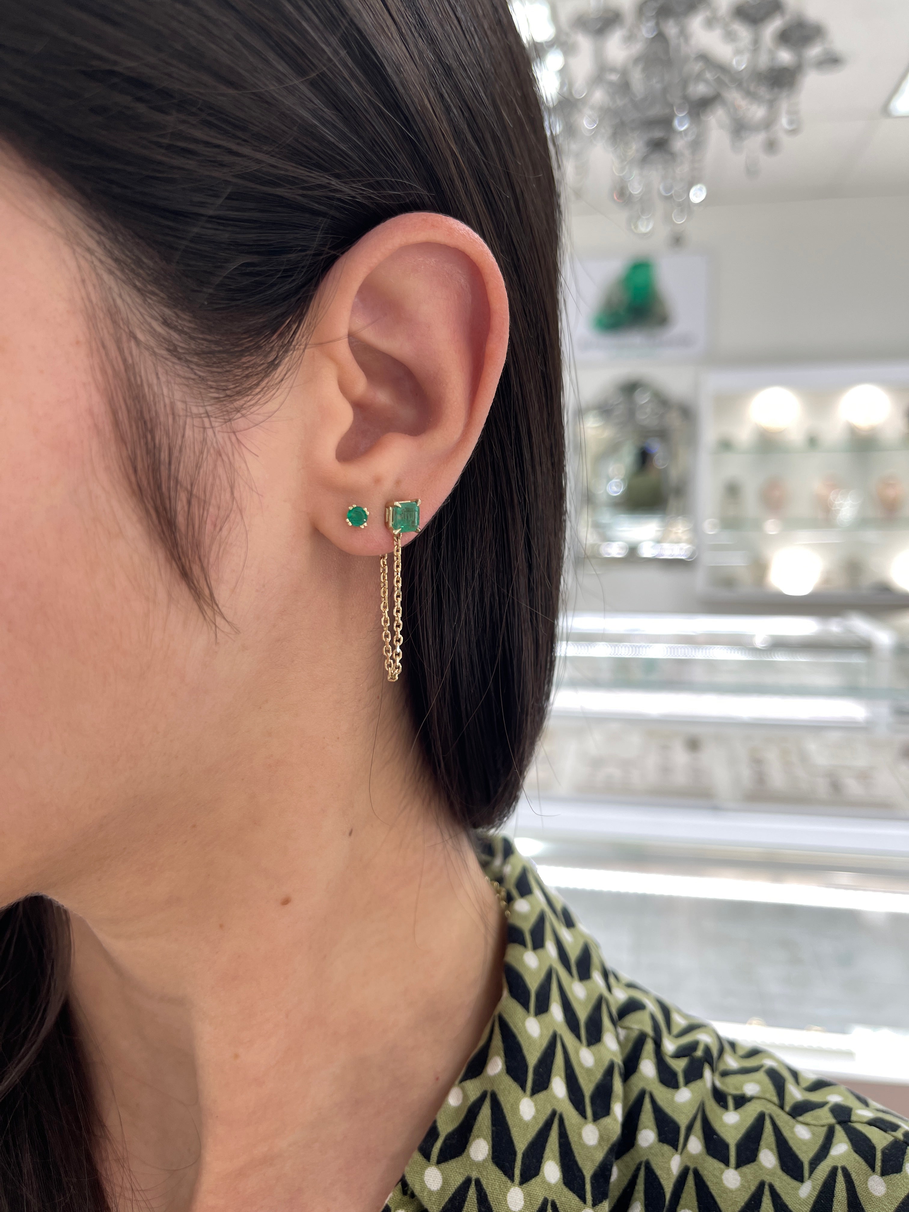 14K Single Emerald Chain Stud Earring- Asscher Cut
