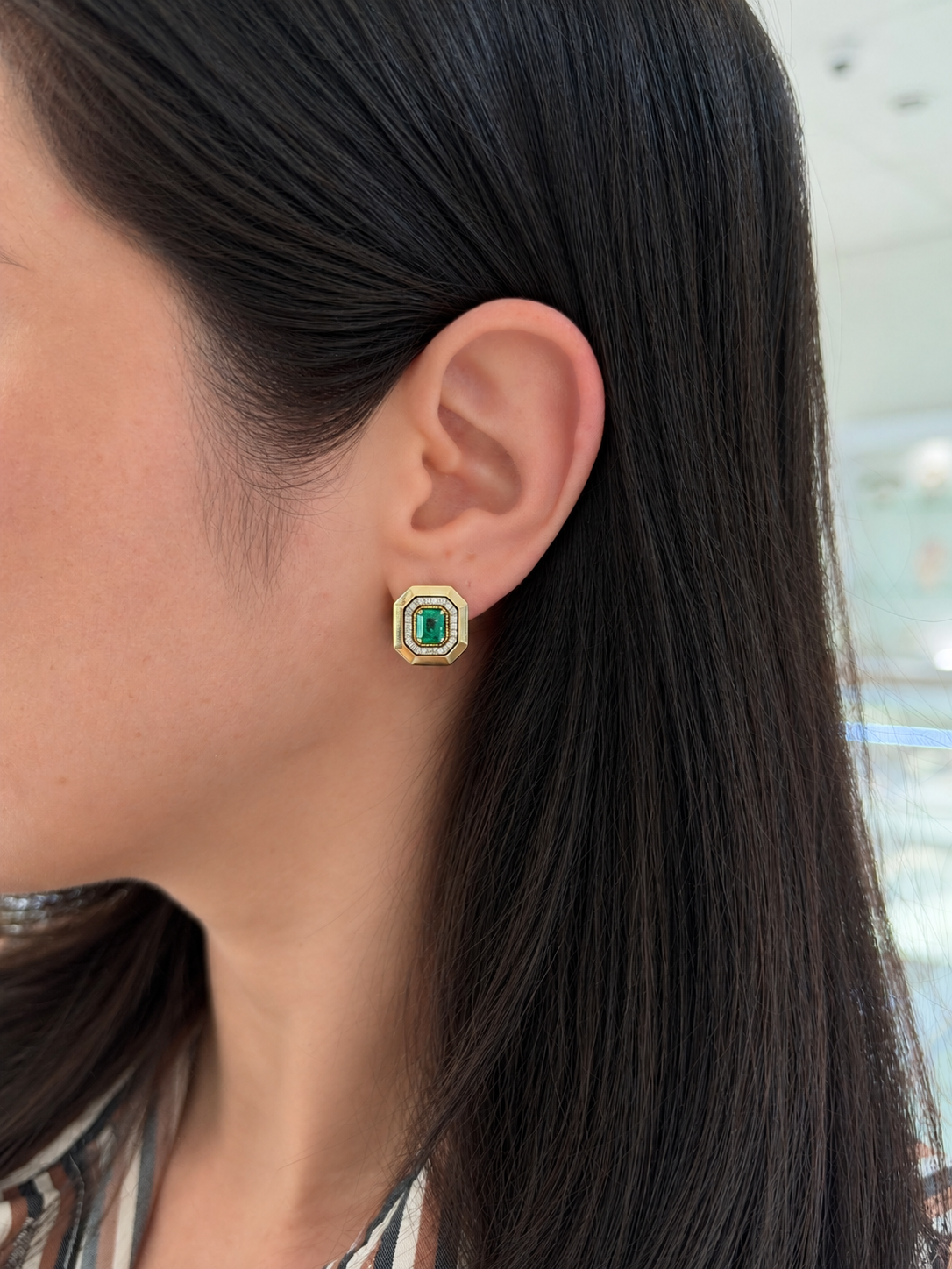 1.94tcw 14K XL Natural Emerald Cut Emerald & Diamond Halo Stud Earrings Two Toned