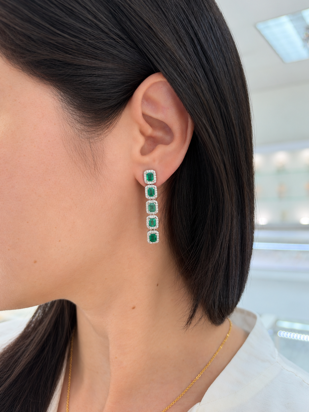 4.70tcw 14K Natural Emerald Cut Emerald & Diamond Halo Chandelier Earrings