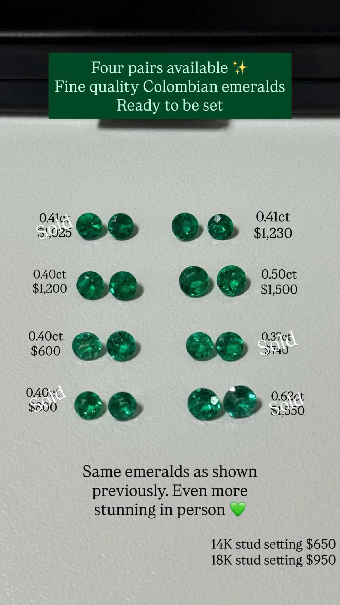 AAA+ Colombian emerald stud earrings in silver with 0.50 carats, showcasing vibrant green gemstones and sleek silver setting.