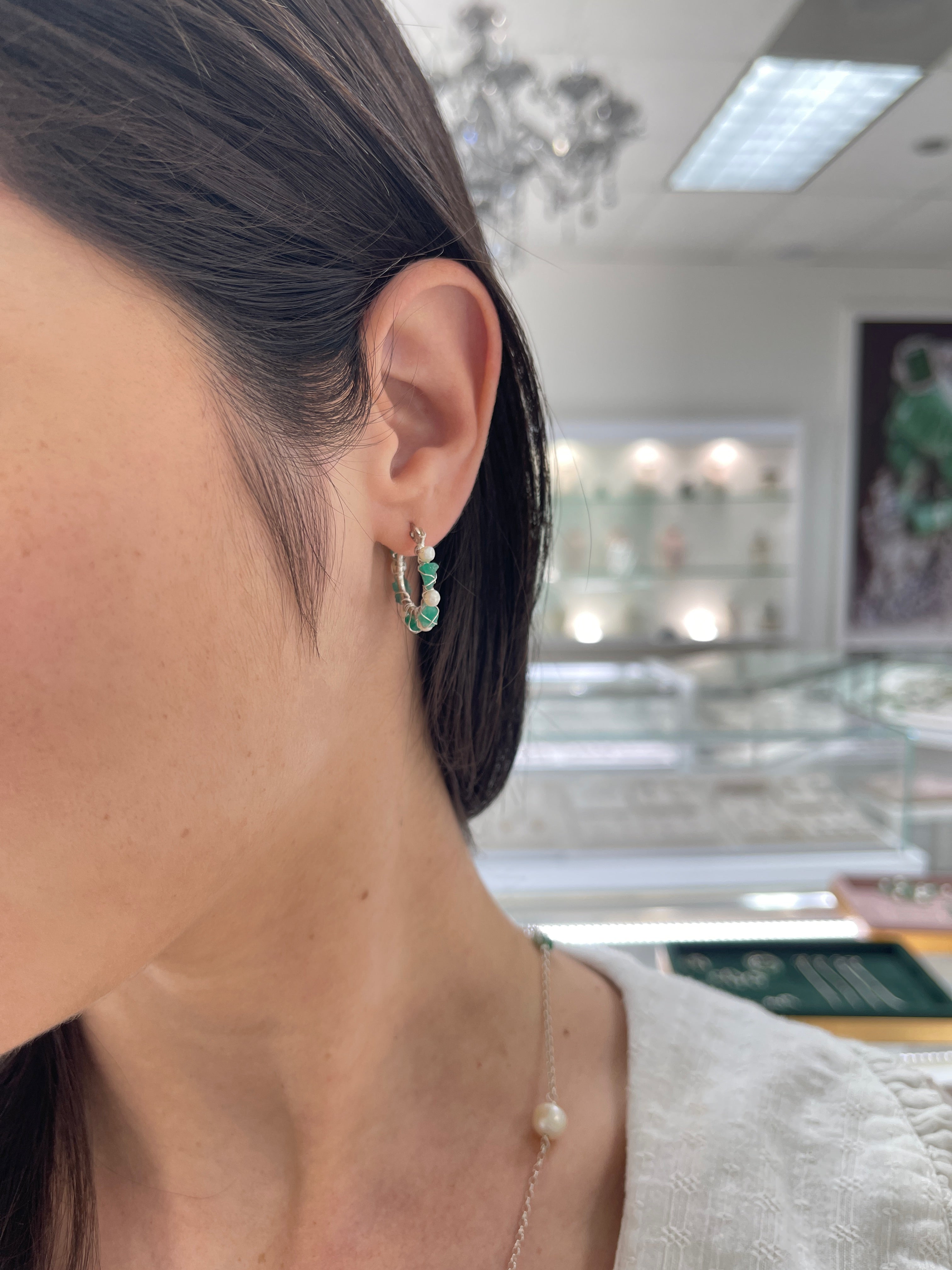 As seen on Instagram: Rough Colombian Emerald & Pearl Hoop Earrings Sterling Silver - JR Colombian Emeralds