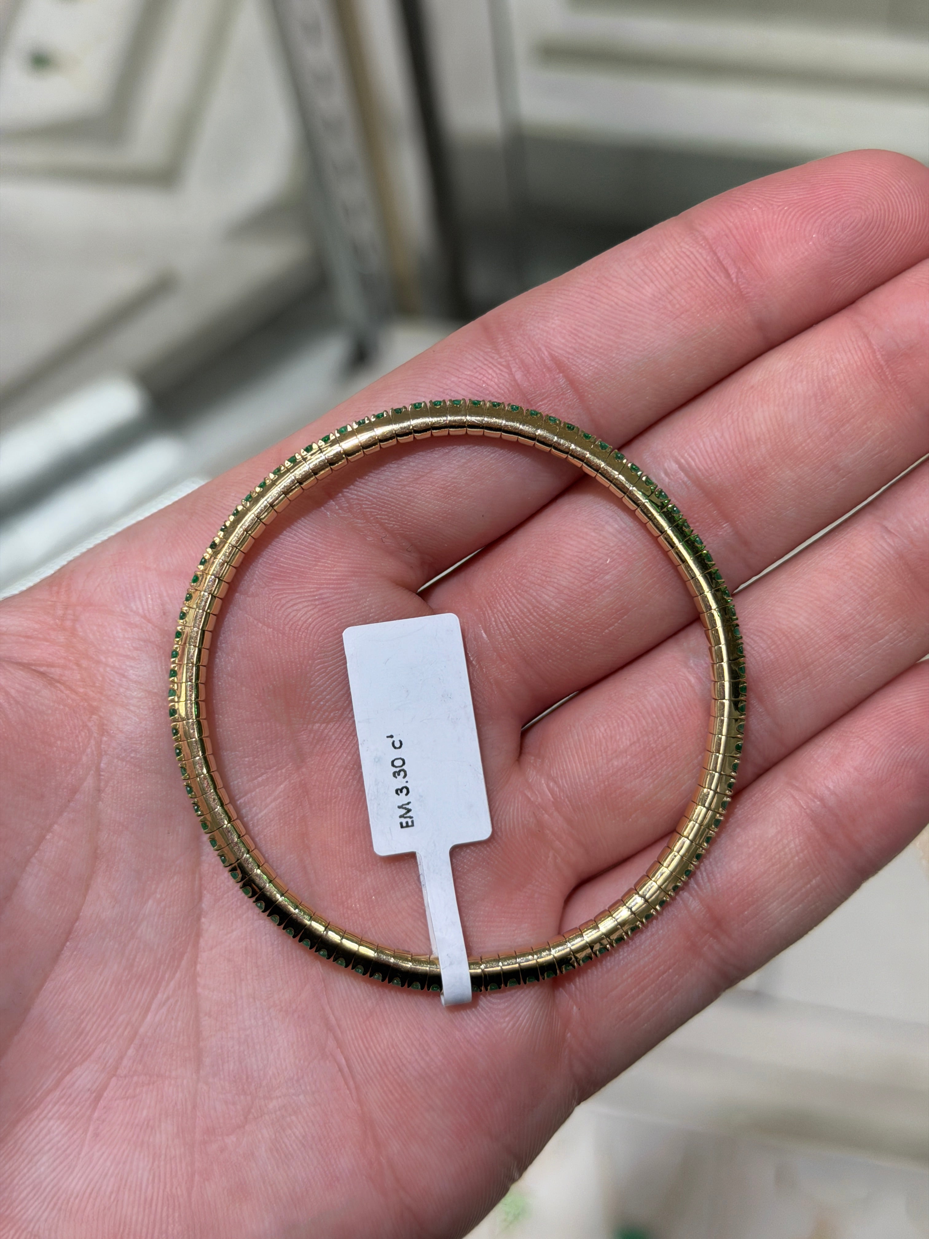 14K gold tennis bracelet with round emeralds, 3.30tcw, stretchy design, by JR Colombian Emeralds, featuring natural all-round emeralds.