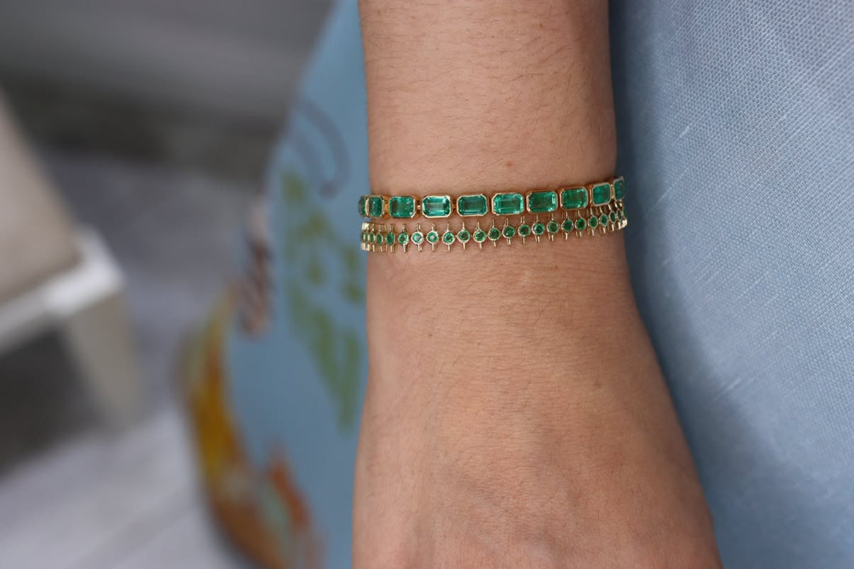 14.32tcw 14K Natural Emerald Bezel Set Tennis Bracelet