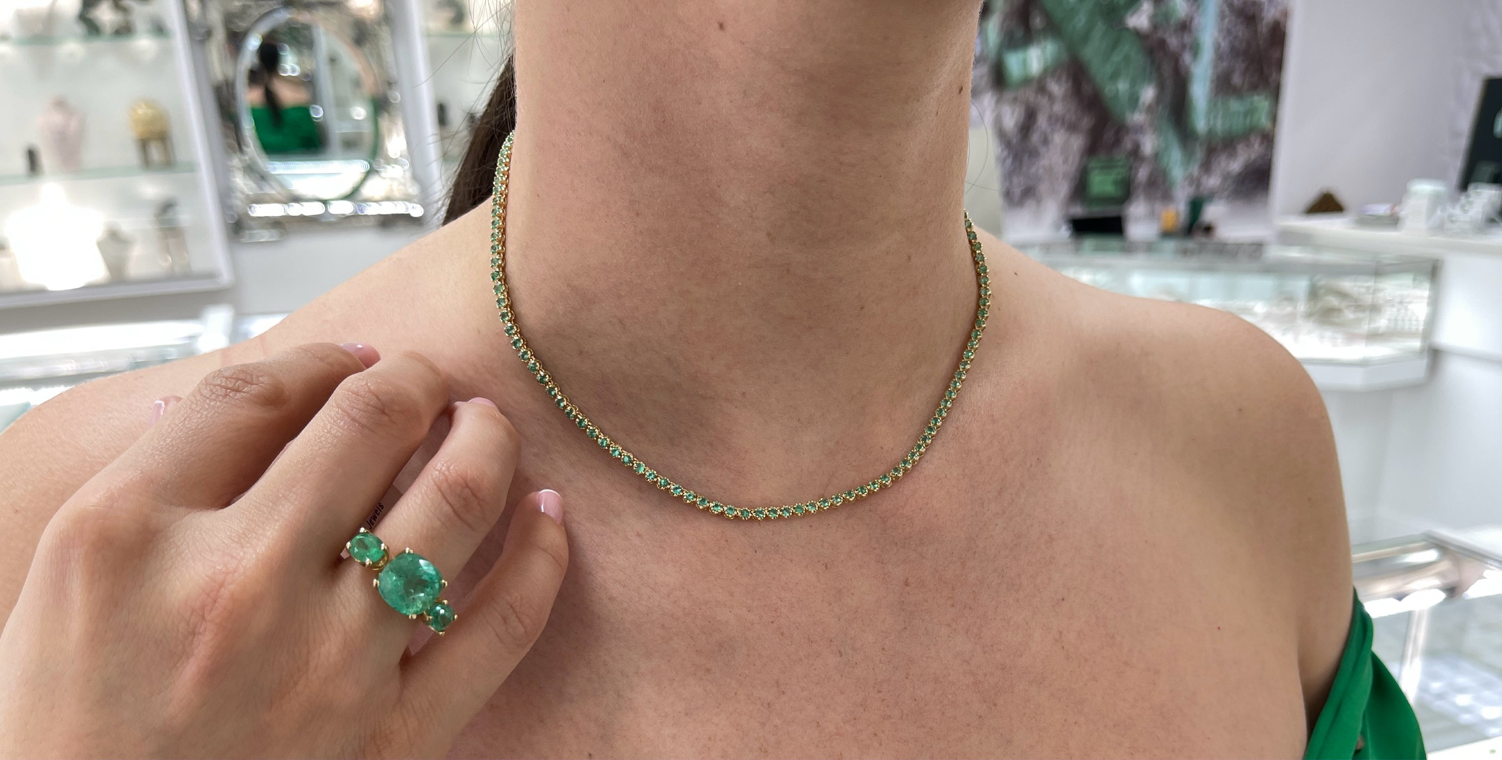 K.J Emerald Tennis Necklace 14K Gold- 16 inches - JR Colombian Emeralds