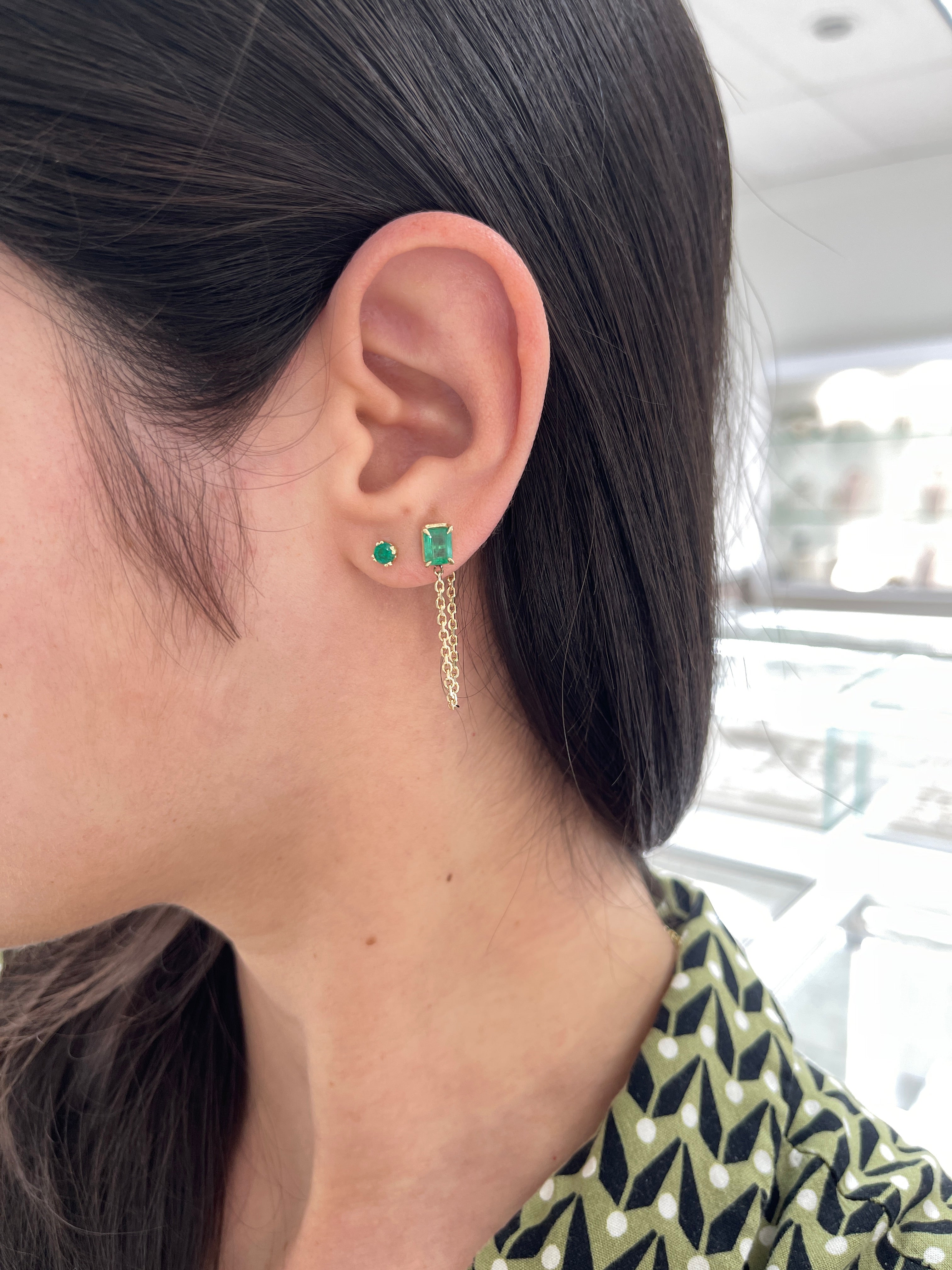 14K Single Emerald Chain Stud Earring- Emerald Cut