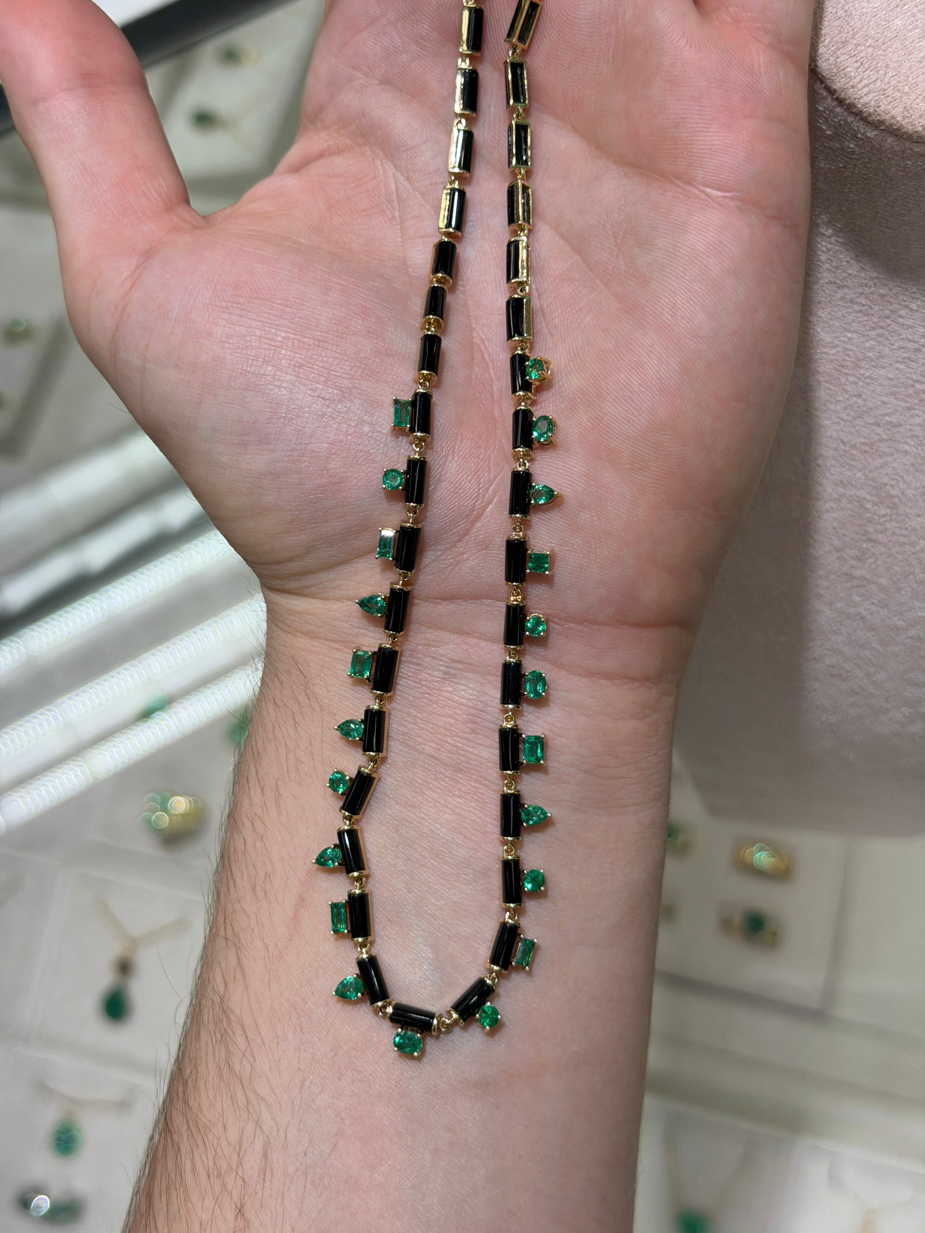 JR Colombian Emeralds 21.42tcw onyx and natural emerald fringe necklace with mixed shapes on an 18-inch chain.