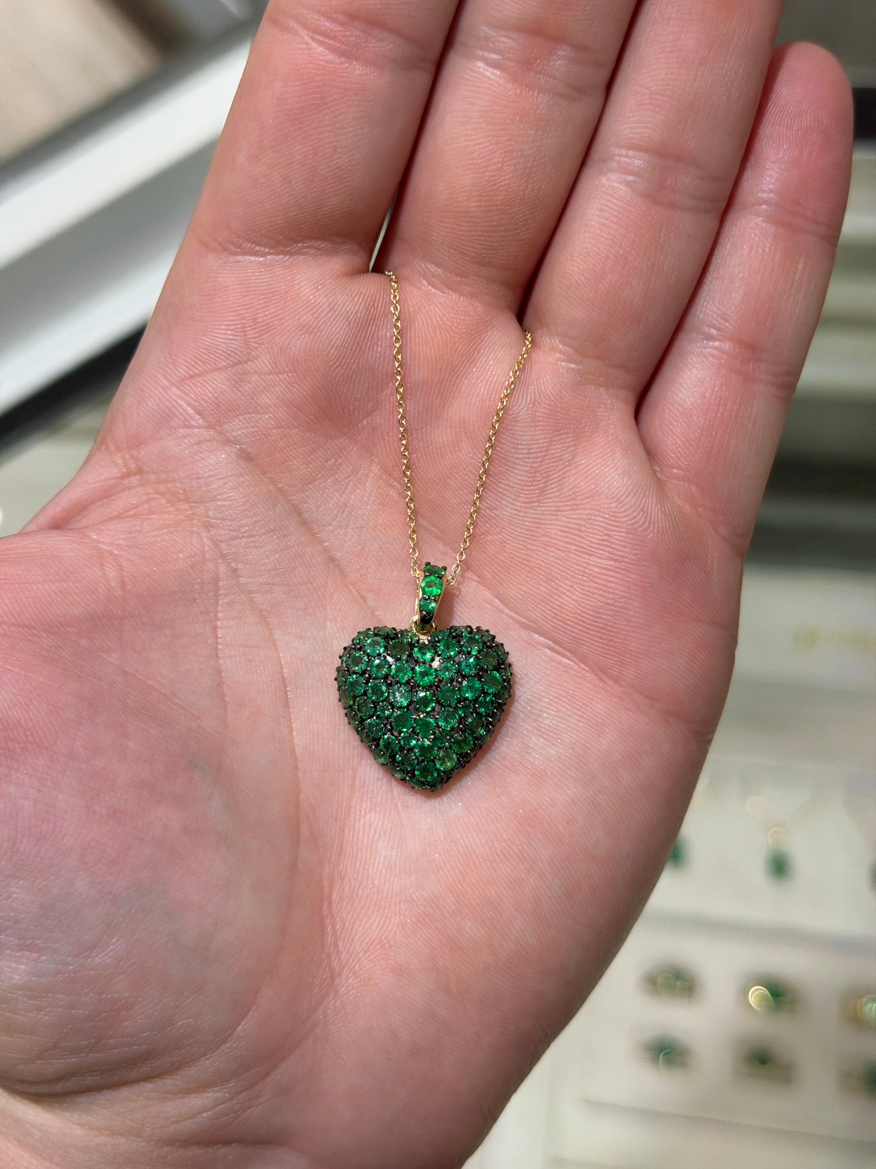 14K gold emerald cluster heart-shaped charm pendant with black rhodium, featuring 4.73tcw of gemstones by JR Colombian Emeralds