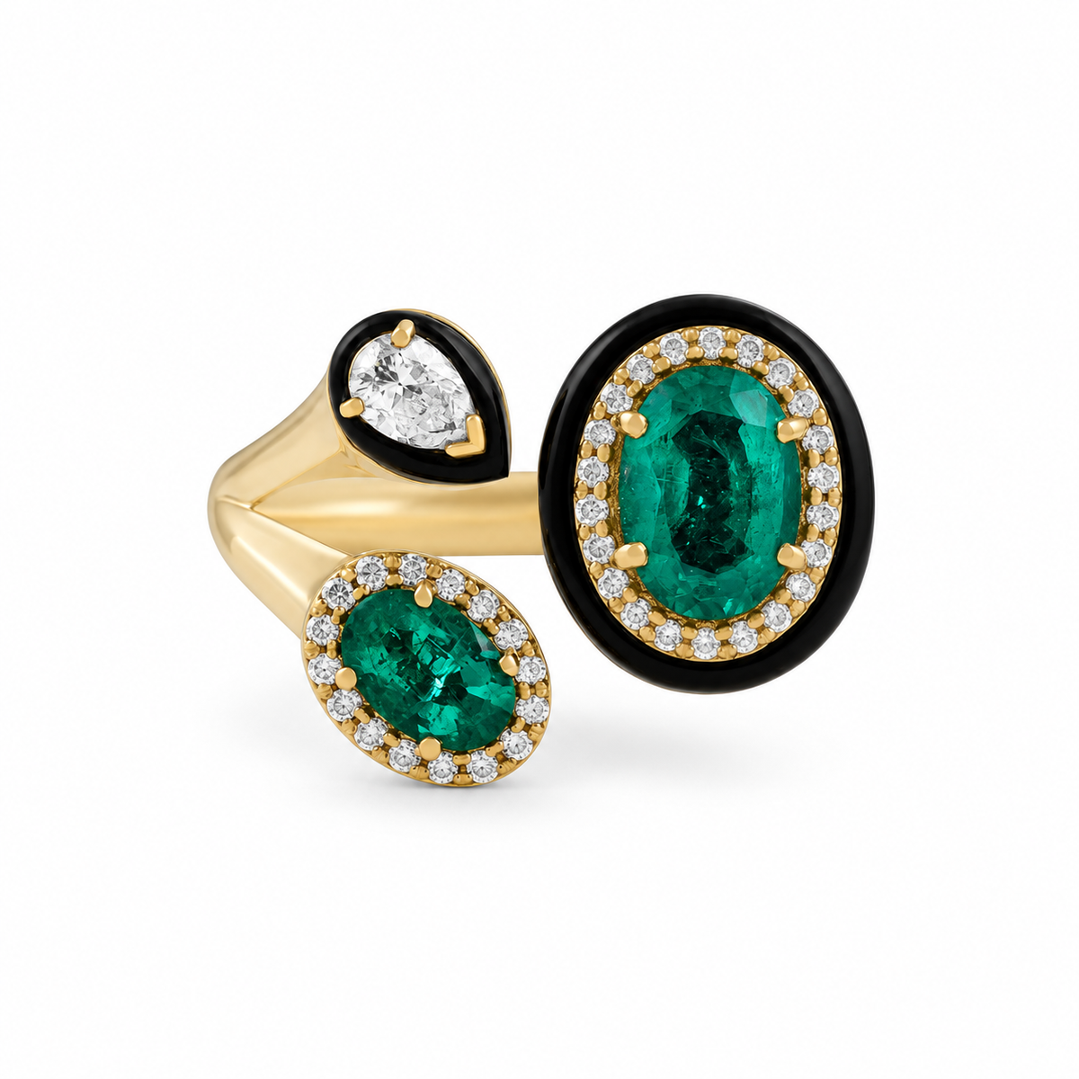 3.87tcw Oval Emerald, Diamond, and Black Onyx Cluster Statement Ring in 14K