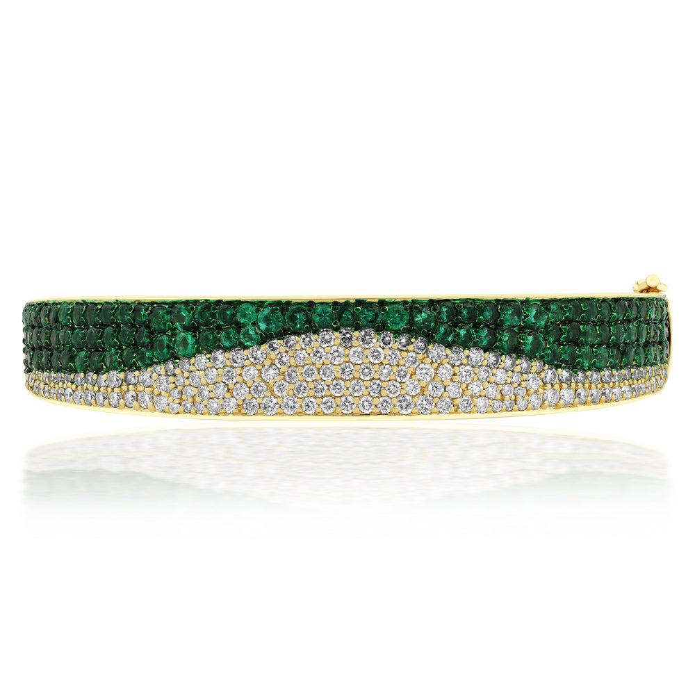 14K natural emerald and diamond ombre bangle bracelet with black and green rhodium, featuring 5.80tcw of gemstones by JR Colombian Emeralds