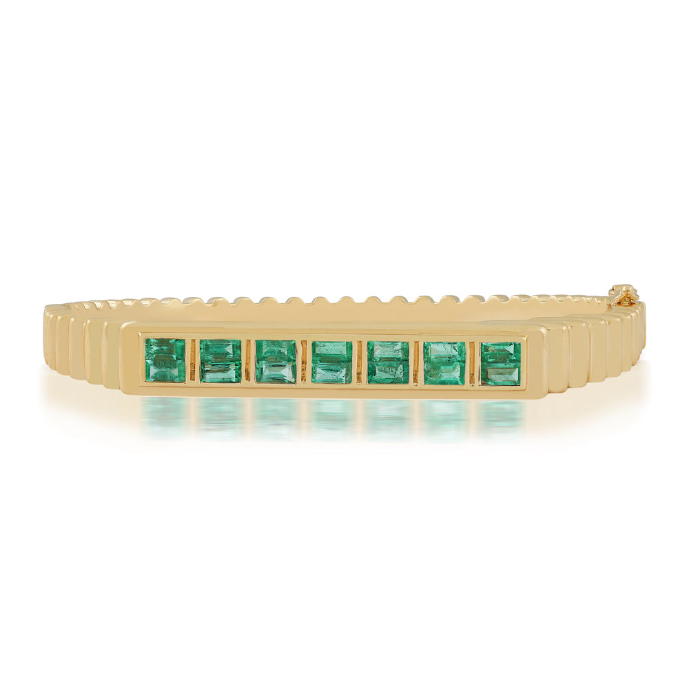 14K natural emerald princess cut bezel set bangle bracelet with ribbed design by JR Colombian Emeralds.