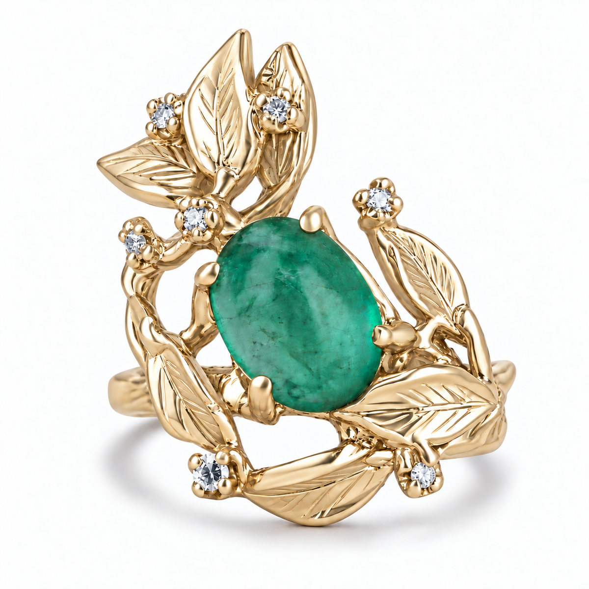 2.52tcw 14K Oval Emerald & Diamond Floral Leaf Ring in Yellow Gold 585