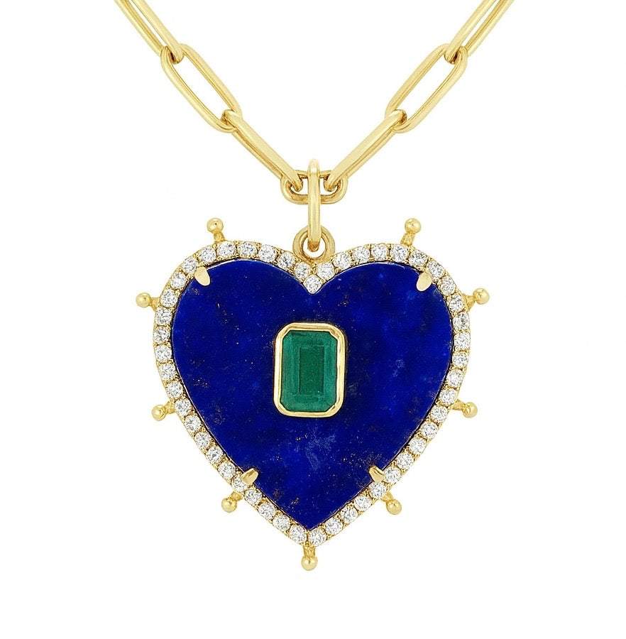 Heart-shaped lapis lazuli pendant with emerald and diamond accents in 14KT yellow gold necklace