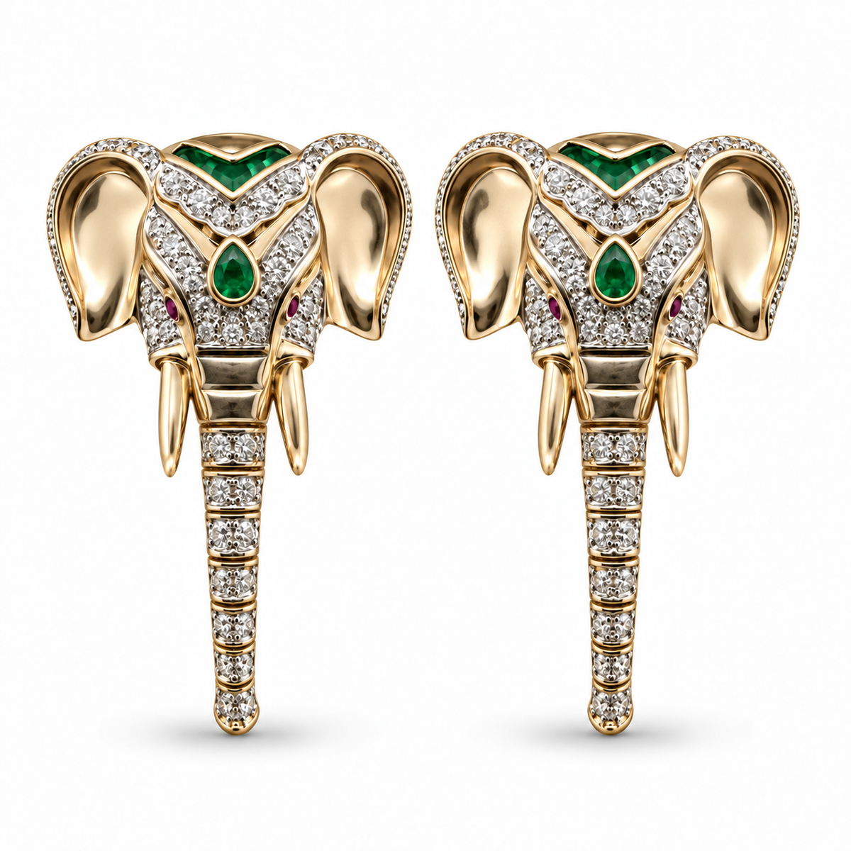 14K gold elephant earrings with diamonds, rubies, and emeralds featuring a moving trunk, by JR Colombian Emeralds.