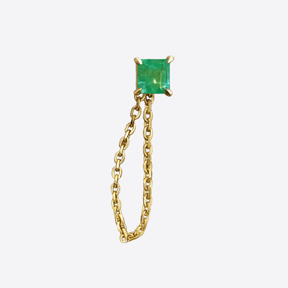 14K yellow gold single stud earring with Asscher-cut natural green emerald and delicate chain detail