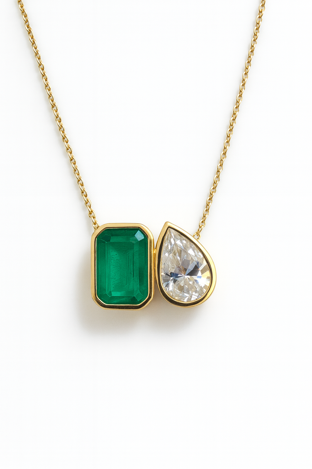 2.20tcw Emerald & Pear Moissanite Toi Et Moi 14K Gold Necklace