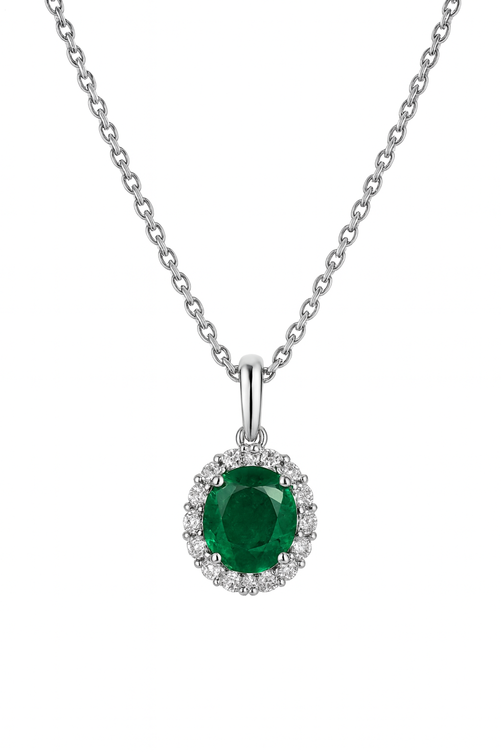1.01tcw AAA+ Oval Colombian Emerald & Diamond Halo White Gold Necklace 14K