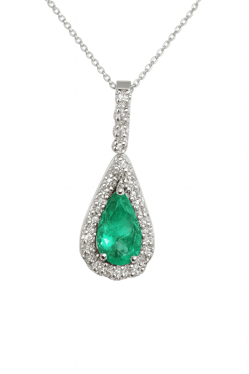Hand made 14K white gold necklace with pear-shaped Colombian emerald and diamond halo pendant