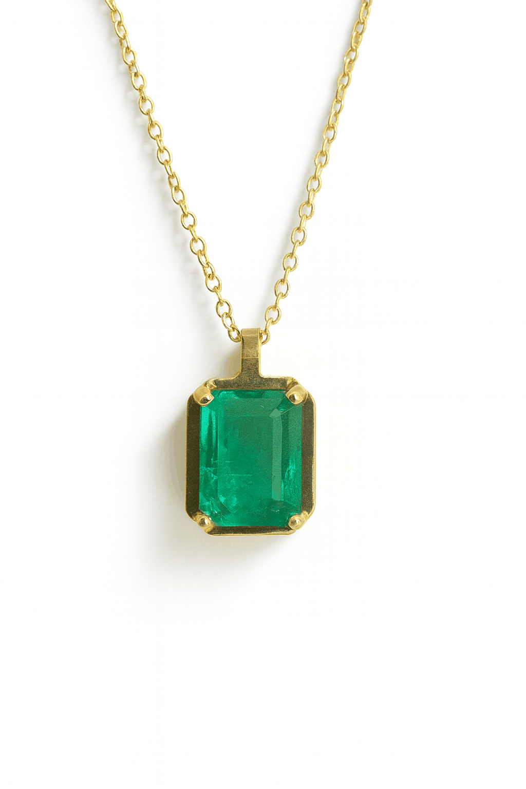 1.59 carat crystal clear bluish green emerald solitaire necklace in 14K yellow gold with 18-inch chain