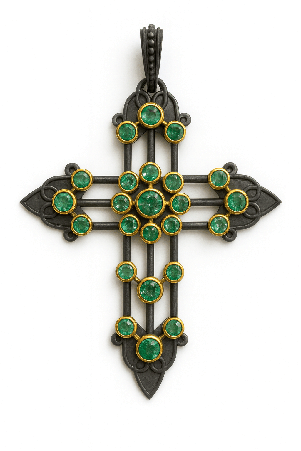 Gothic emerald crucifix pendant with 3.95 carat round emeralds set in 14K gold and blackened silver on leather cord