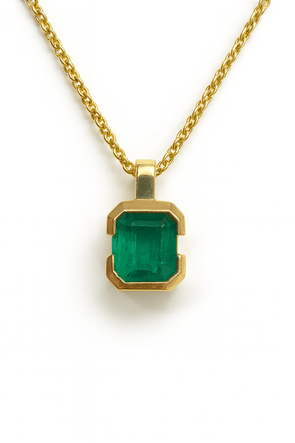 2.28 carat emerald cut solitaire necklace in 14K yellow gold semi bezel setting with 18-inch chain