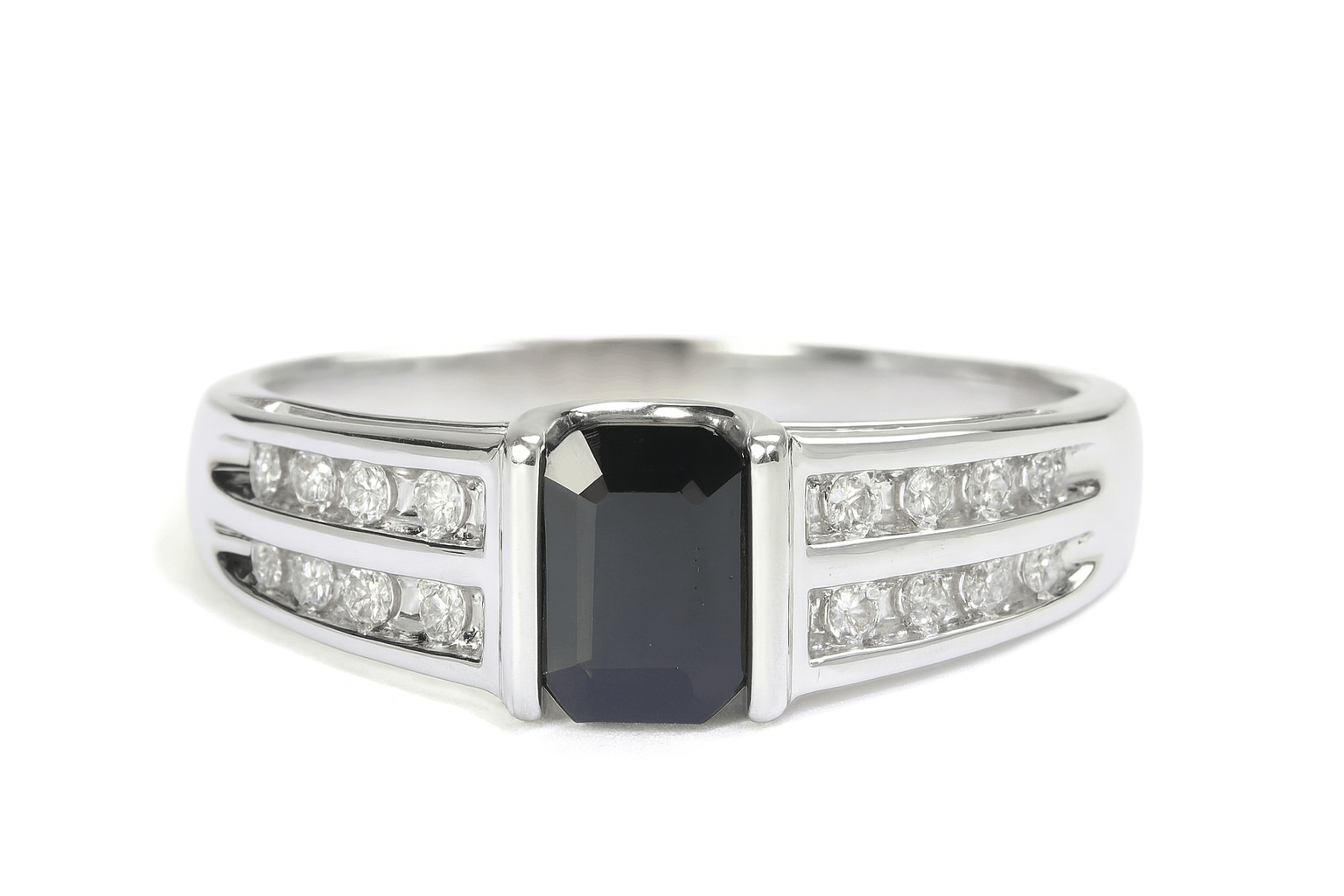 14K white gold ring with natural dark blue sapphire emerald cut and 16 round diamonds in channel setting