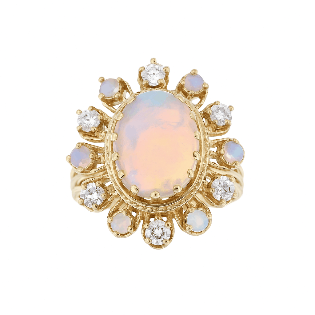 3.85tcw Art Deco vintage opal and diamond cocktail ring in 14K yellow gold with oval opal center and halo of diamonds and smaller opals