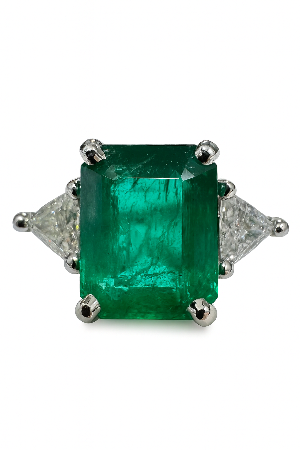 3.26tcw Natural Zambian Emerald Cut Ring With Trillion Diamonds 18K White Gold