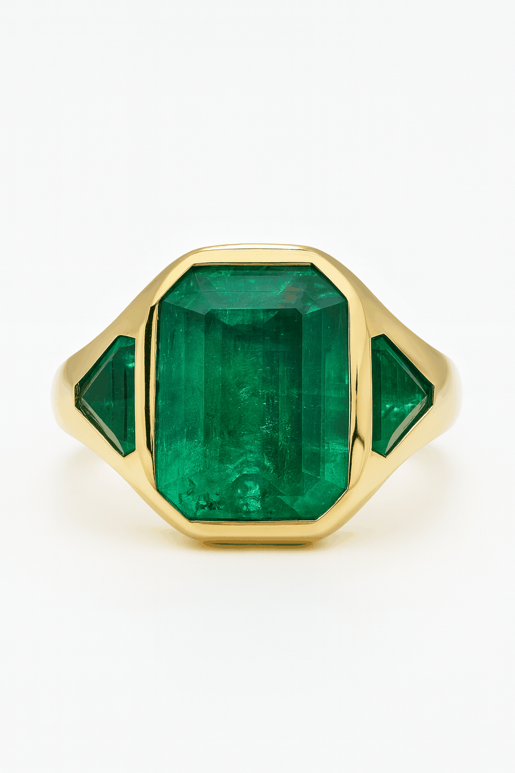 4.06tcw Muzo Colombian Emerald Three Stone Ring Trillion Cut 18K Yellow Gold 18g