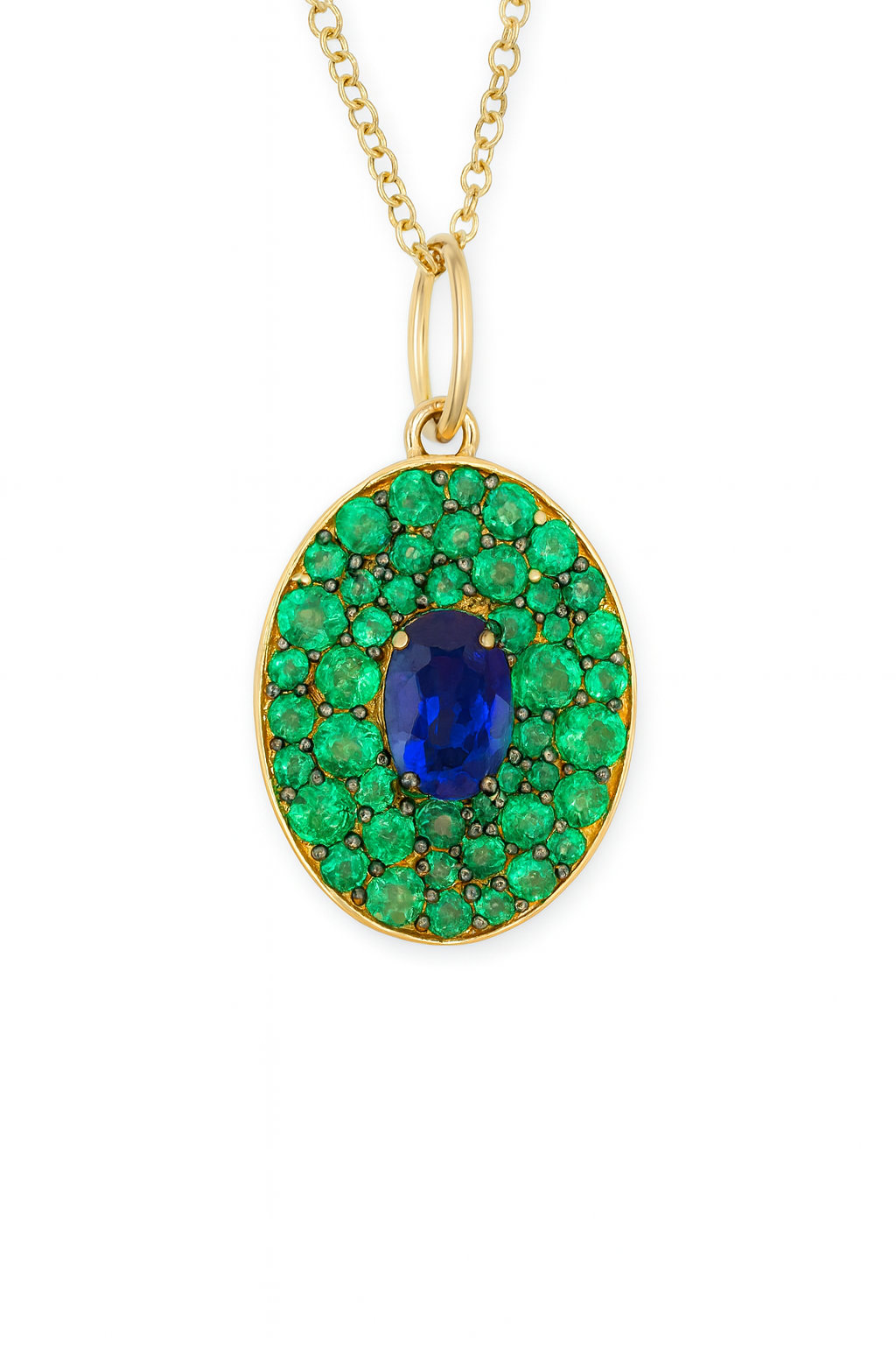 2.12tcw 14K Natural Oval Blue Sapphire & Emerald Cluster Pendant