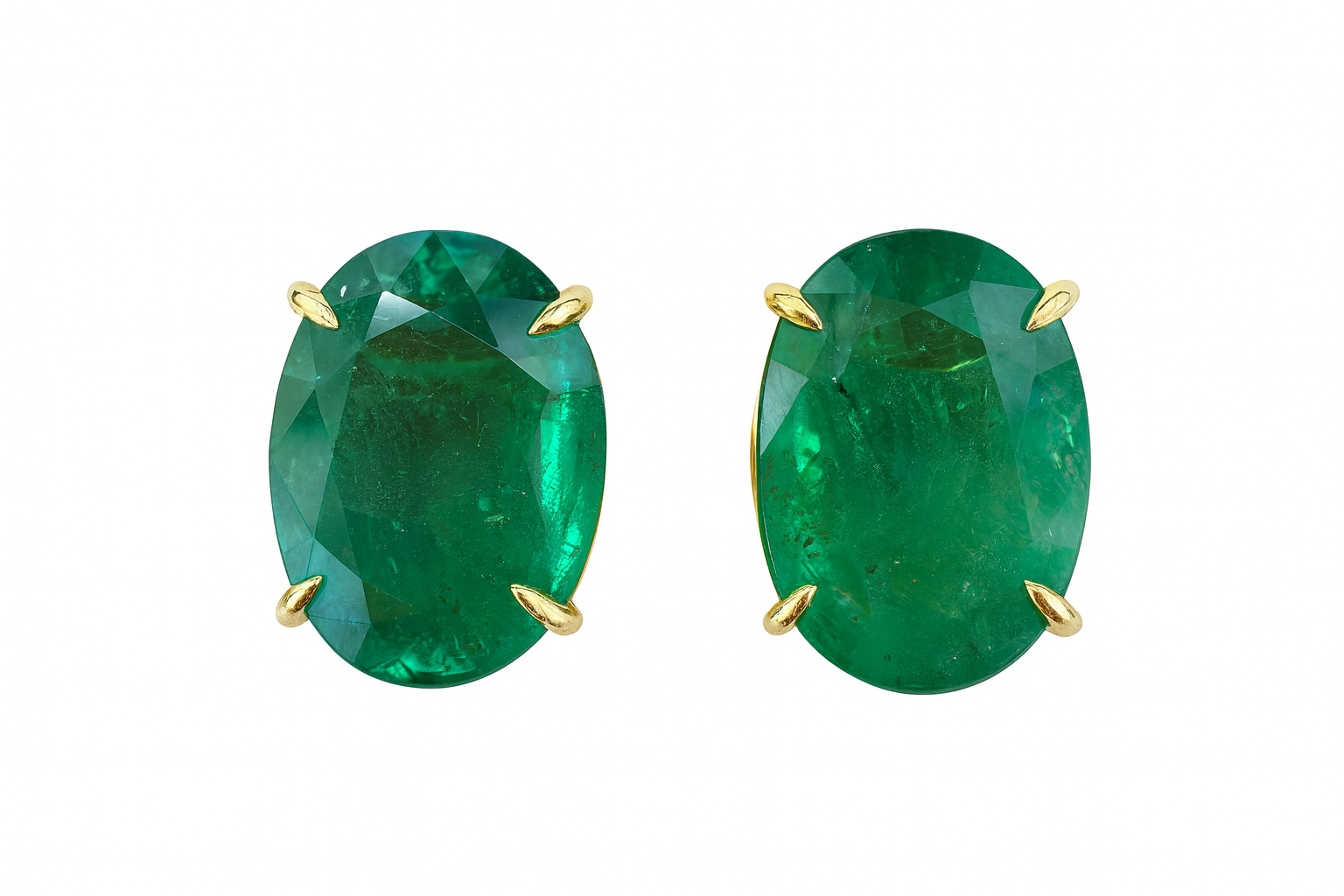11.90tcw Classic Green Oval Emerald Solitaire Stud Earrings 18K - JR Colombian Emeralds