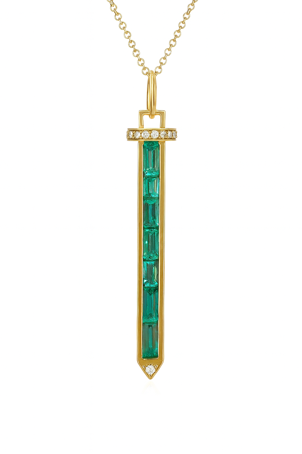 Emerald Baguette & Diamond Sword Necklace 14K Gold