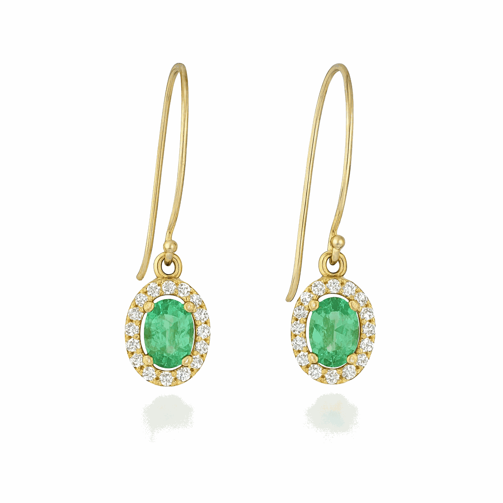 1.24tcw Colombian Emerald Oval & Diamond Halo Dangle Earrings 14K