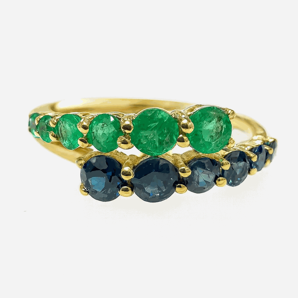 0.95tcw natural emerald and sapphire band ring in 14K yellow gold with round cut stones