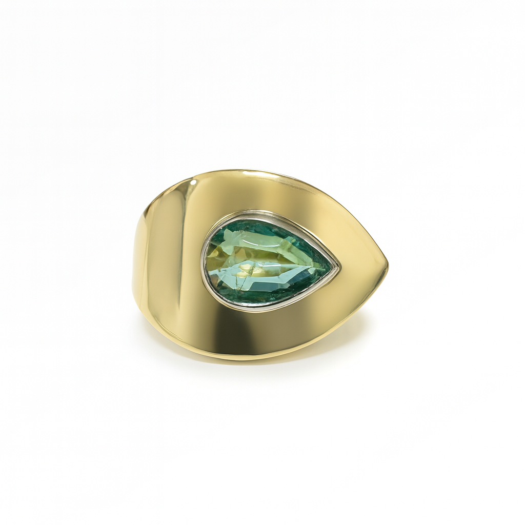 1.07cts XL East to West Pear Emerald Bezel Gypsy Ring 18K Two-Toned