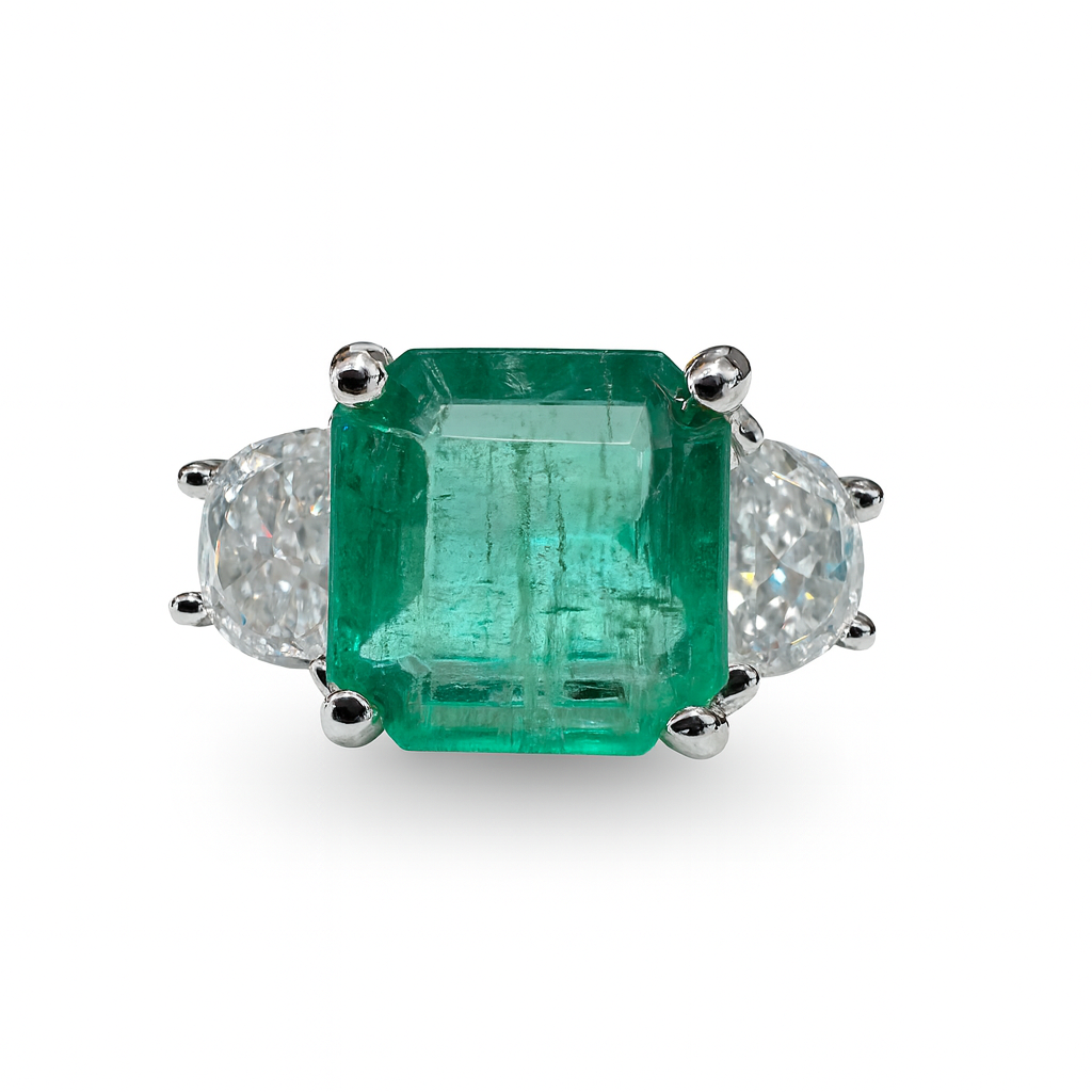 3.25tcw Natural Emerald & Lab Half Moon Diamond 14K Three Stone Ring White Gold - JR Colombian Emeralds