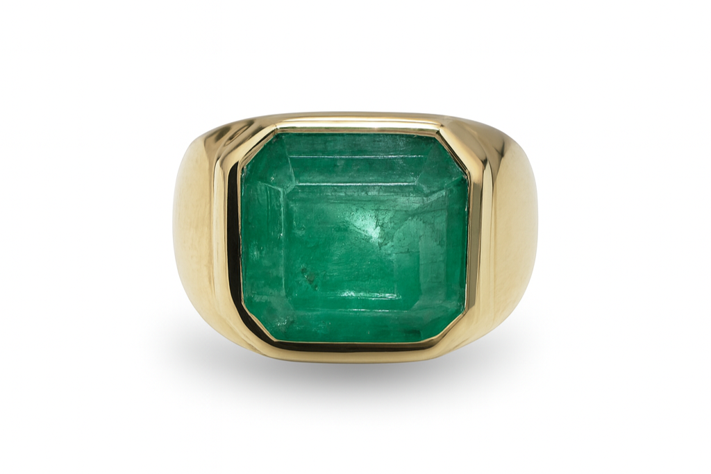 4.40 Carat Wide Earth Mined Emerald Asscher Cut Unisex Bezel Signet Pinky Ring 14K