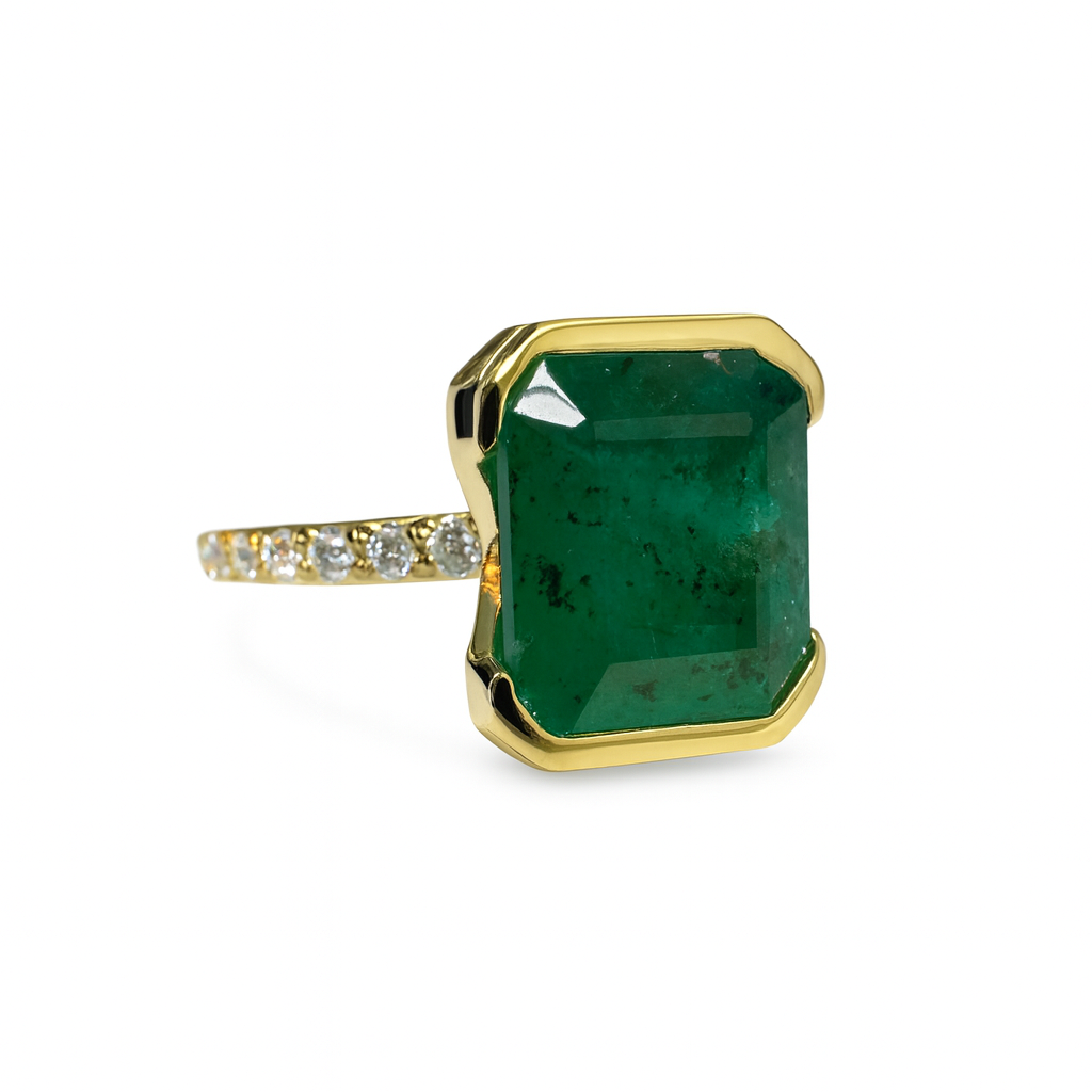 3.69tcw Stacking Friendly Semi Bezel Natural Emerald Solitaire with Diamond Accents 14K