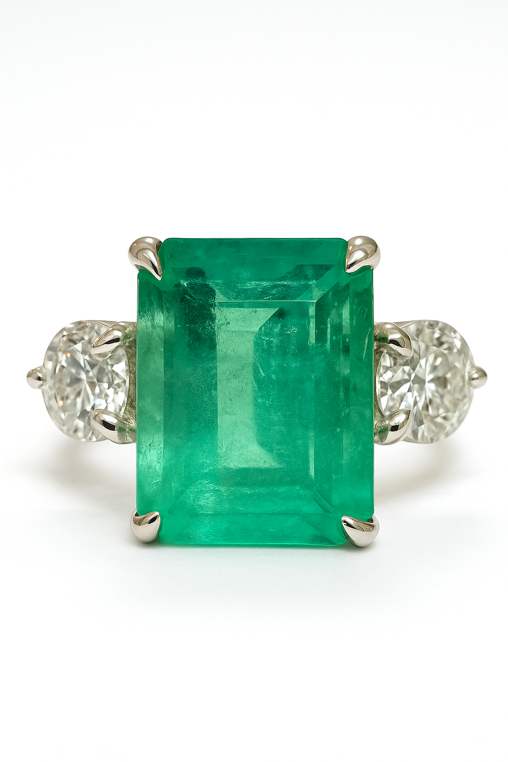 2.95tcw Emerald Cut Colombian Emerald And Diamond Three Stone Engagement Ring 14K White Gold - JR Colombian Emeralds