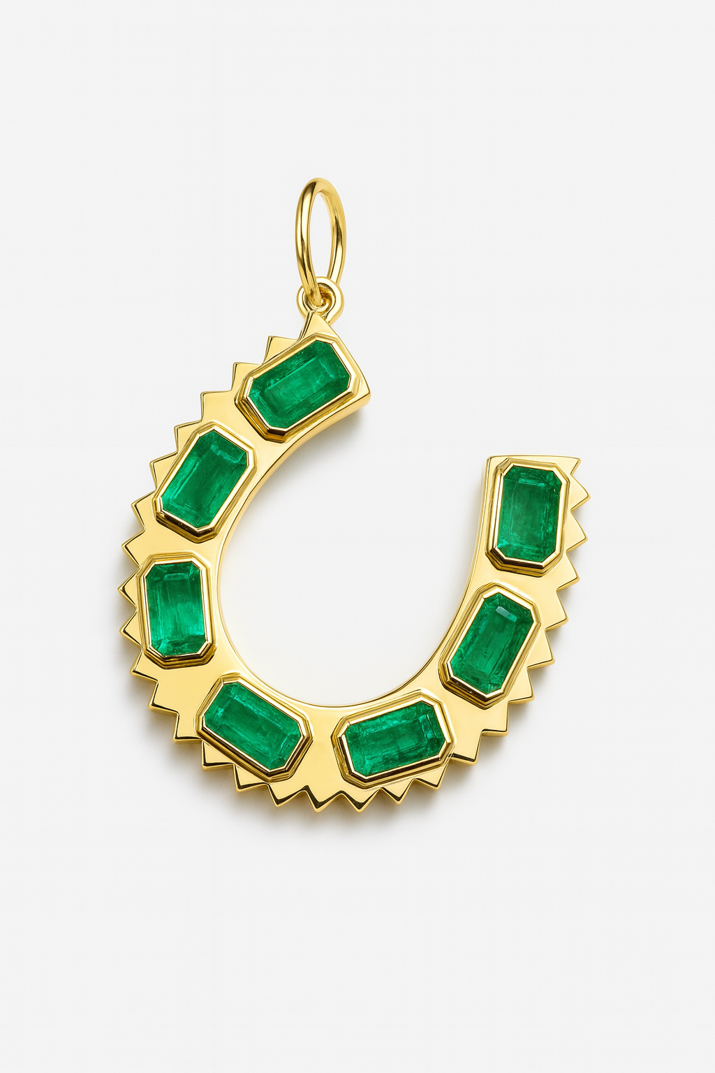 2.24tcw 14K Natural Emerald Cut Emerald Horseshoe Charm Pendant Necklace