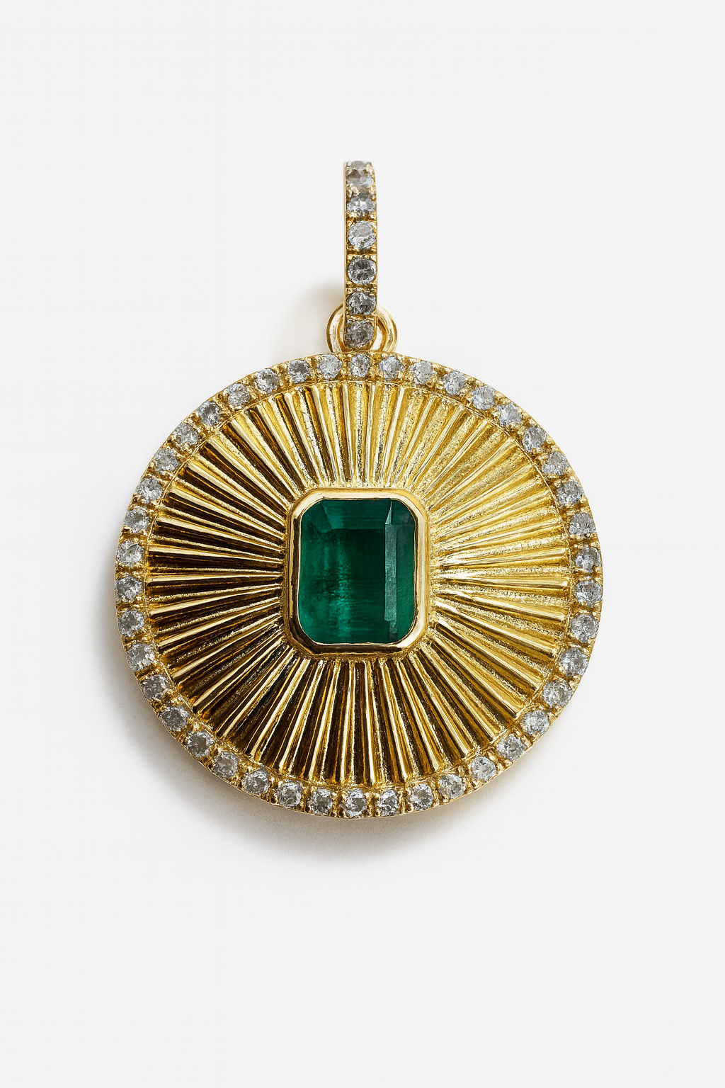 1.29tcw 14K Natural Emerald Cut Emerald & Diamond Halo Medallion Charm Pendant Necklace