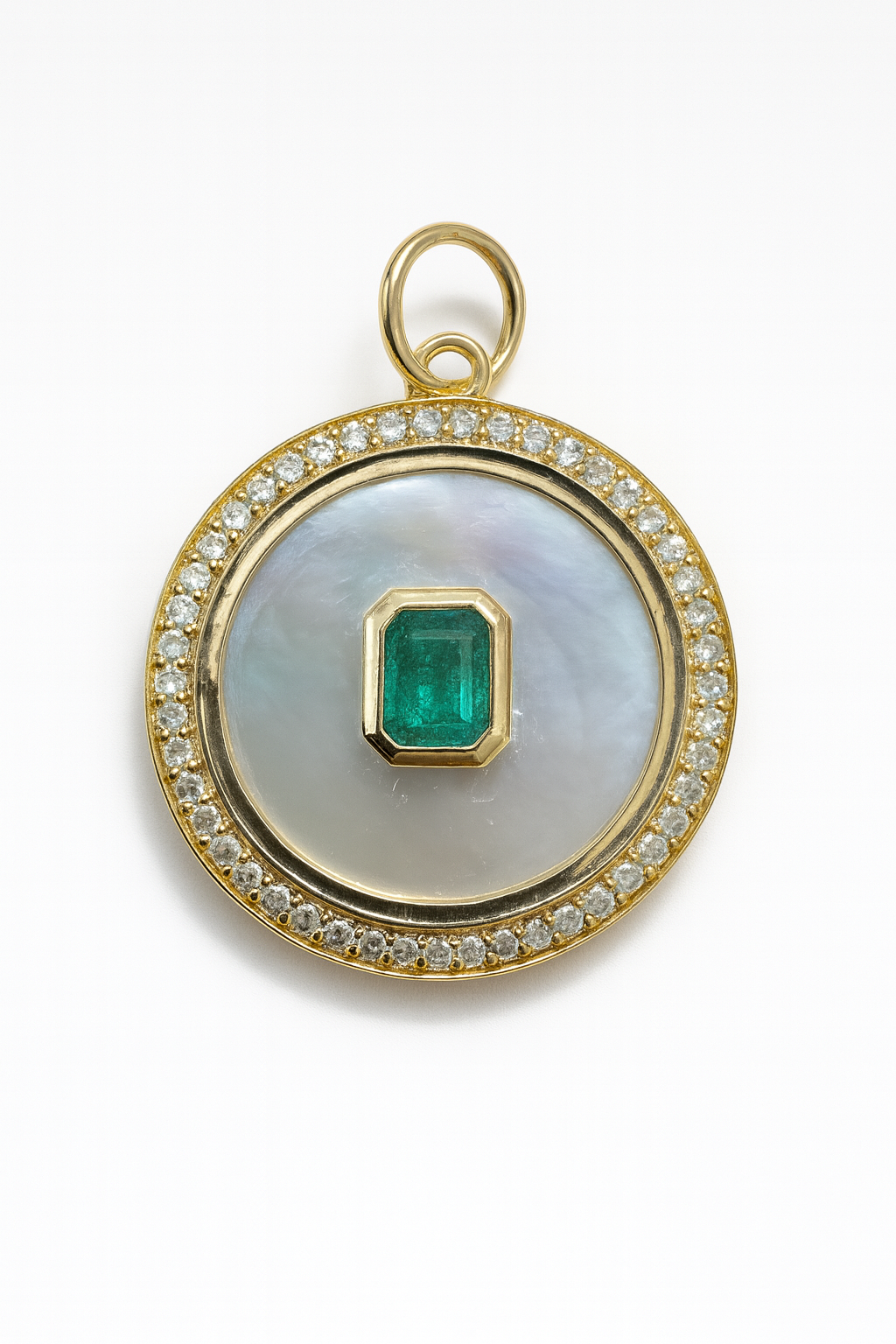 7.85tcw 14K Natural Emerald & Mother of Pearl Diamond Halo Accent Charm Pendant Necklace