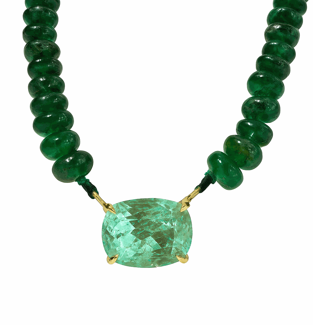 32 carat cushion cut emerald pendant necklace with dark green emerald beads in 14K yellow gold setting