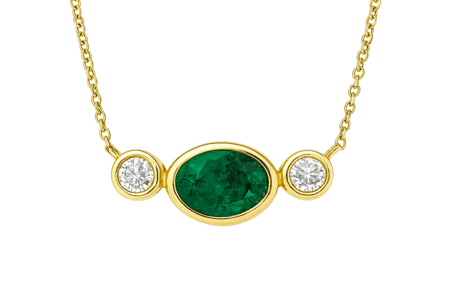 14K yellow gold bezel set oval emerald and round diamond three stone necklace