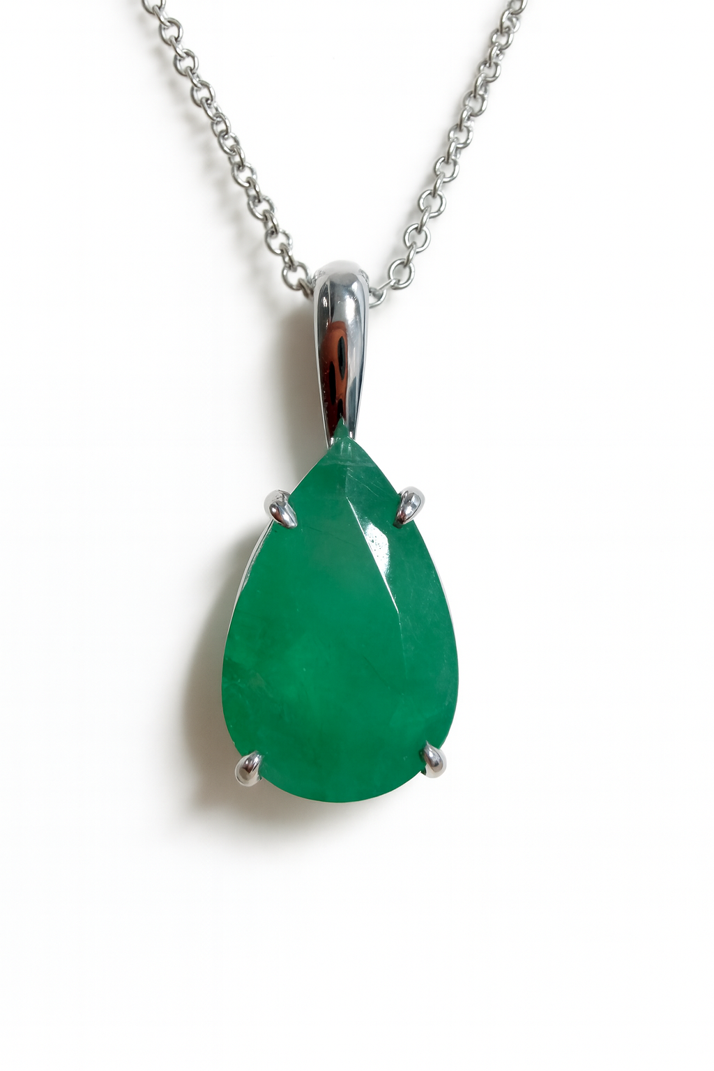 3.15 Carat Solitaire Natural Pear Emerald Necklace 14K White Gold