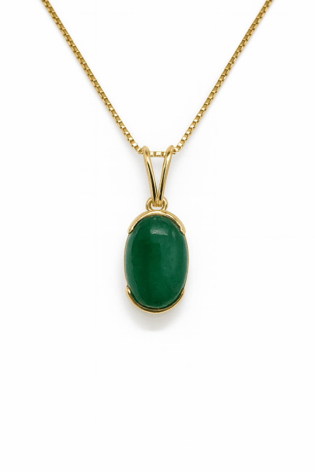 3.67 Carat Oval Colombian Emerald cabochon pendant on 14K yellow gold box chain necklace