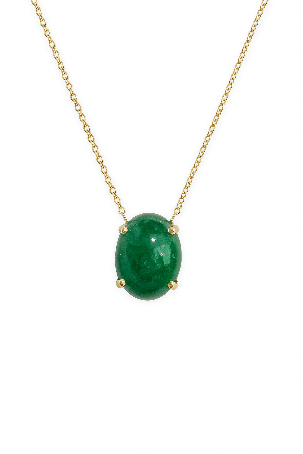 14K yellow gold necklace with 5.50 carat oval cabochon Zambian emerald solitaire pendant