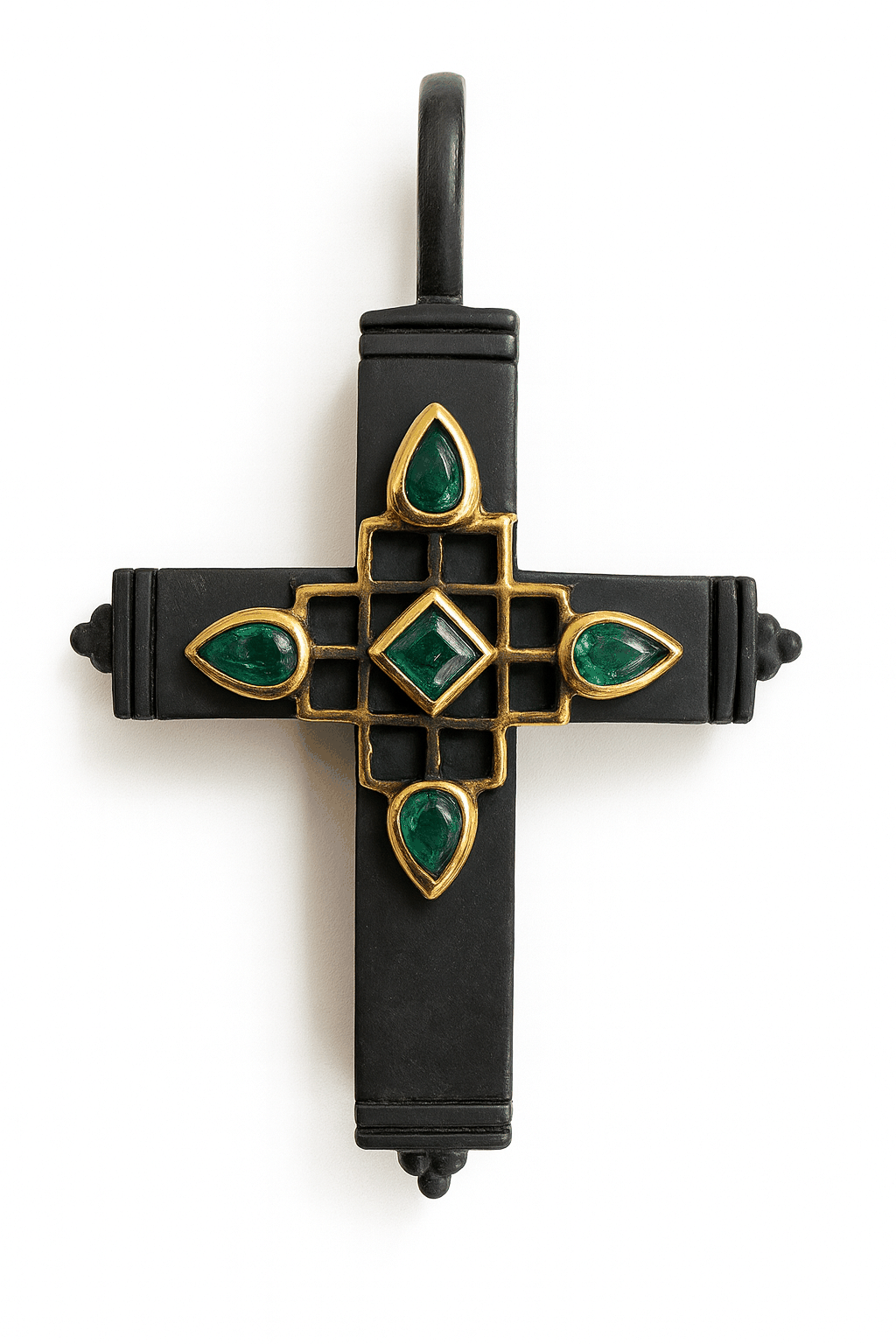 Gothic emerald crucifix pendant in 14K yellow gold and blackened silver with round and pear-shaped Zambian emeralds on leather cord