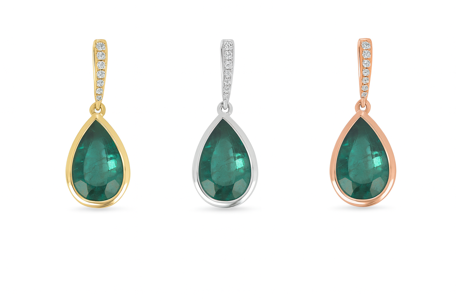 2.67tcw 14K Blue Green Emerald-Pear Cut Bezel Set with Diamond Accent Bail Birthstone Pendant