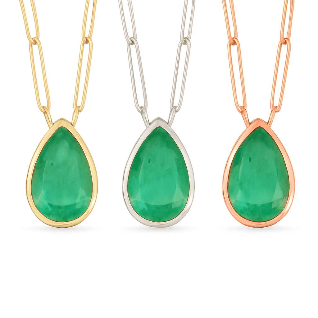 4.55cts Bezel Set Pear Colombian Emerald Solitaire Paperclip Necklace